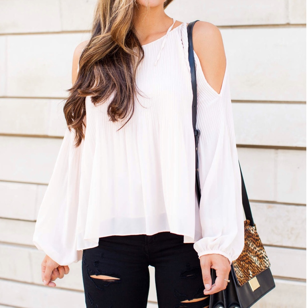 Pink pleated cold shoulder blouse